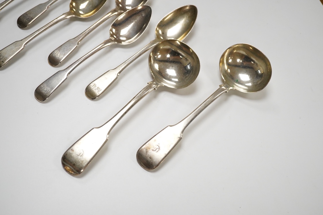 A set of six George III silver fiddle pattern dessert spoons by Ely, Fearn & Chawner, London 1808, togeter with two silver condiment spoons and a pair of Victorian silver fiddle pattern sauce ladles, Hayne & Cater, Londo